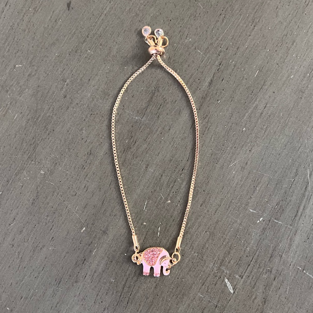 Elephant Pink Enamel 3/4" Charm Rhinestone Gold Adjustable Bracelet Stackable